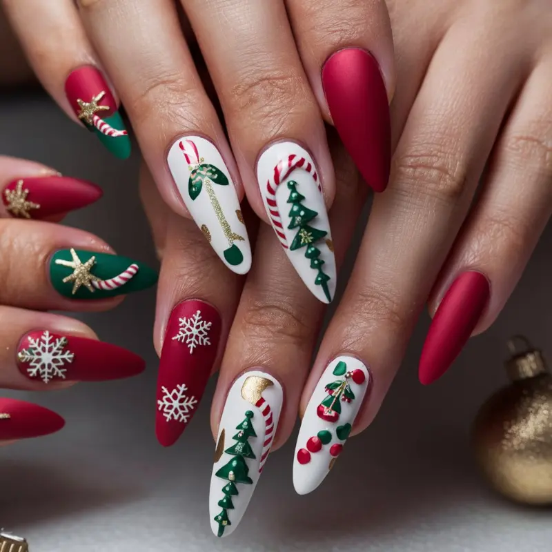 Christmas Tree Nail Art on Matte Nails