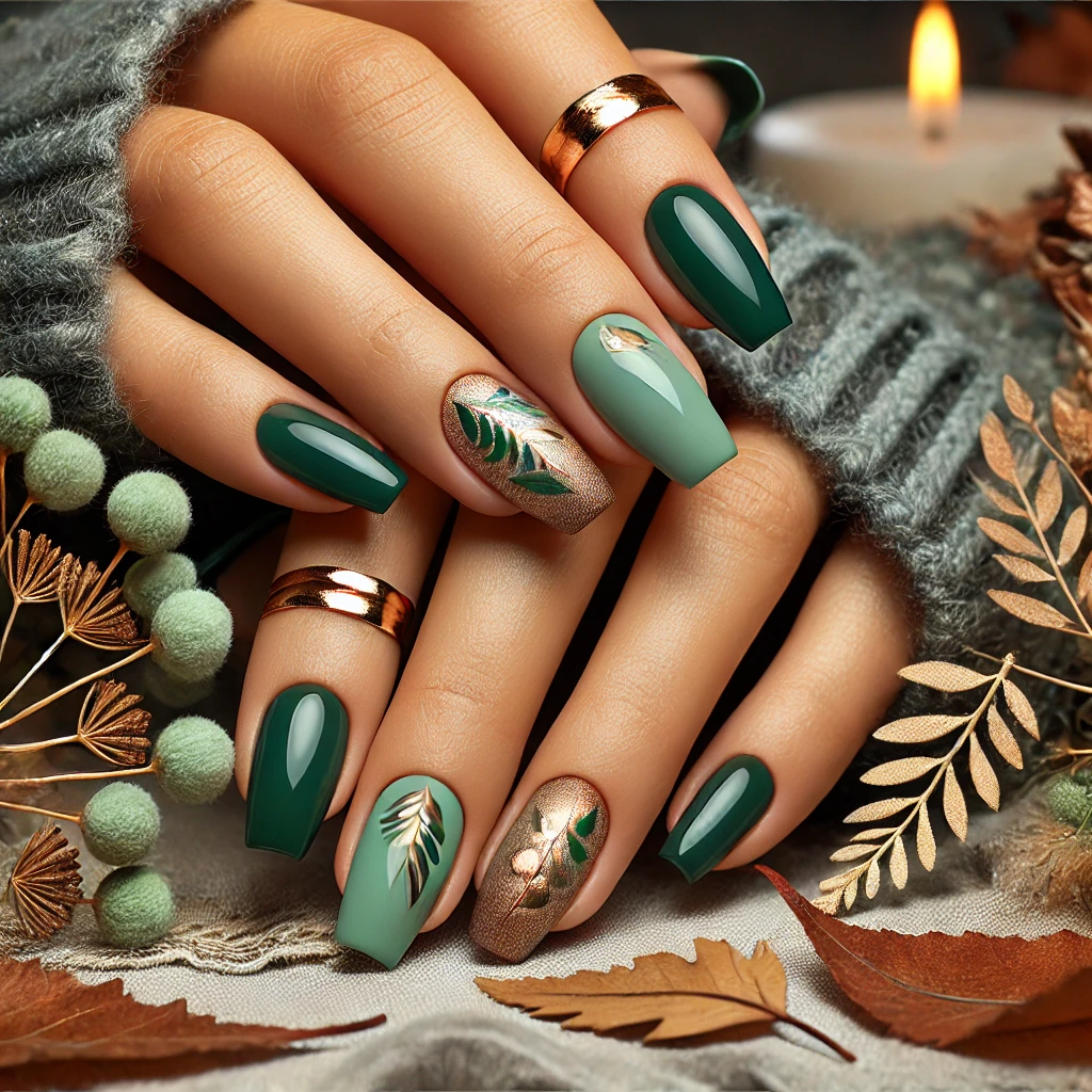 Metallic Accents in Green Fall Nails