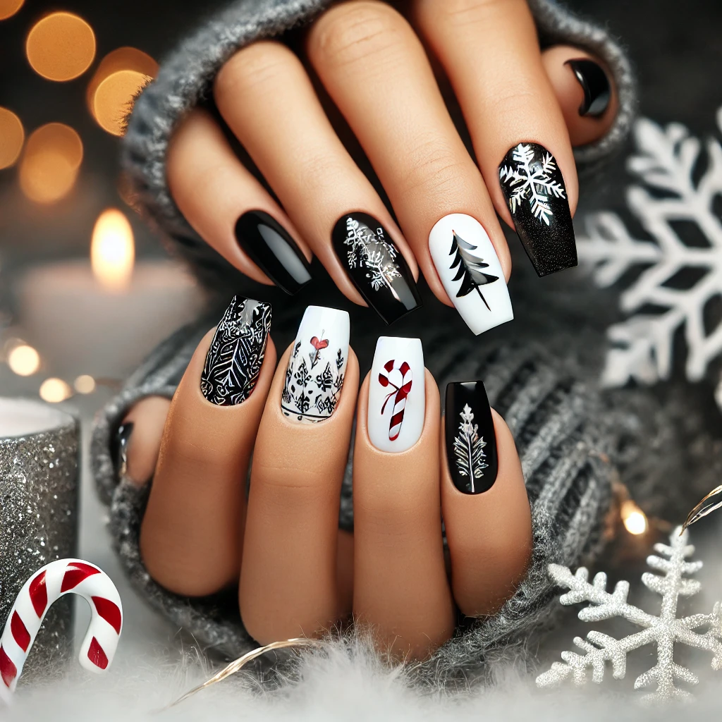 Black and white Christmas Nails