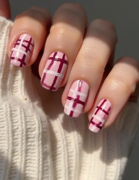 Blush and Berry Fall Plaid Nails