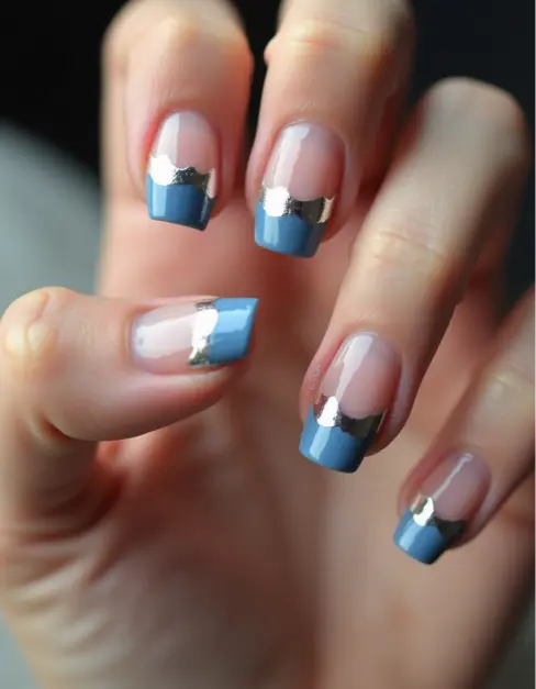 Silver & Blue Winter French Tip Nails