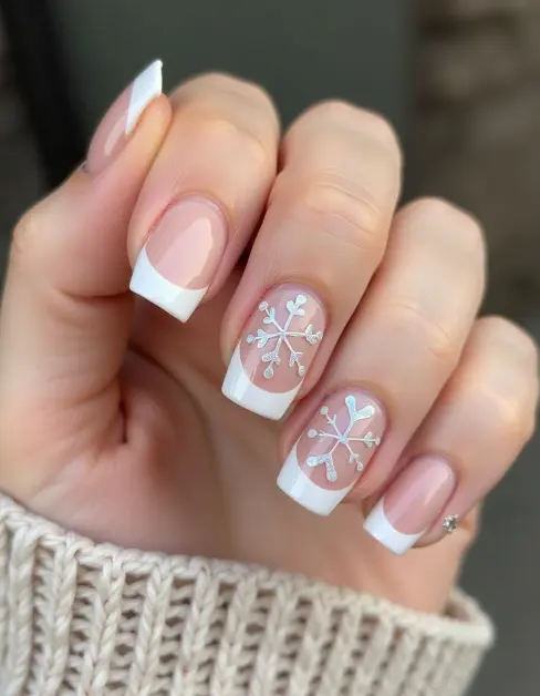 White Snowstorm Winter French Tip Nails