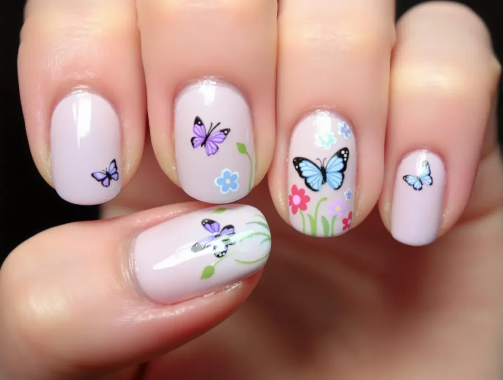 Pastel Nails with Butterflies and Flowers