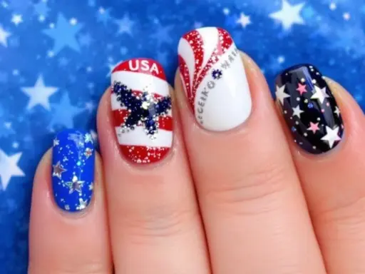 USA Nail Art with Glitter and Rhinestones