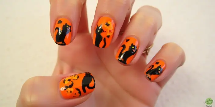 Black Cats & Pumpkin Patch Orange Halloween Nails