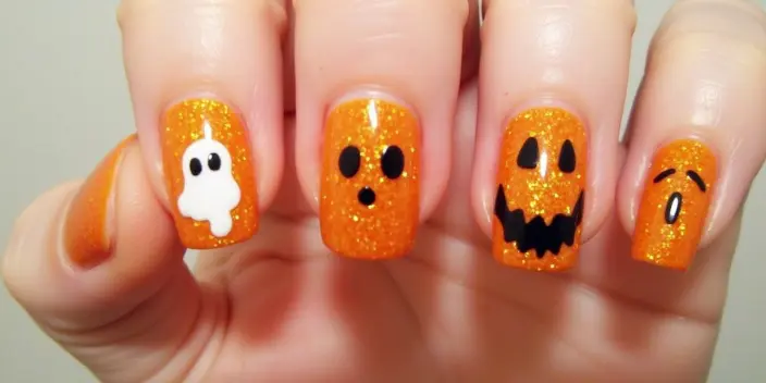 Ghostly Glitter Orange Halloween Nails