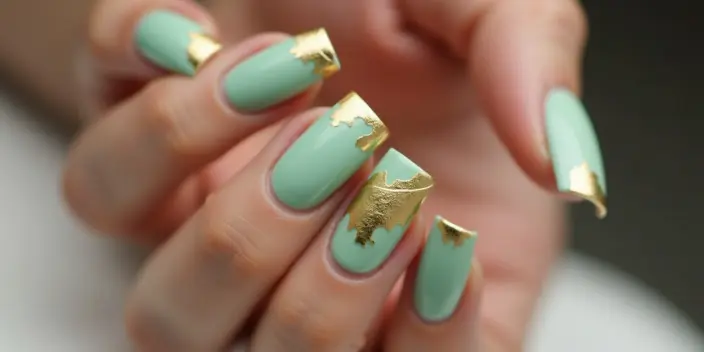 Mint green and gold nails